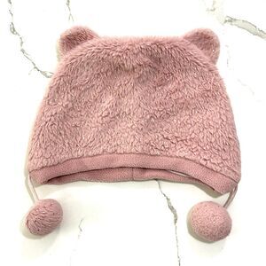 Girls Kids Pink Bear Ears Fleece Winter Hat Gold Flecks Pom Poms Size 52 (6 5/8)